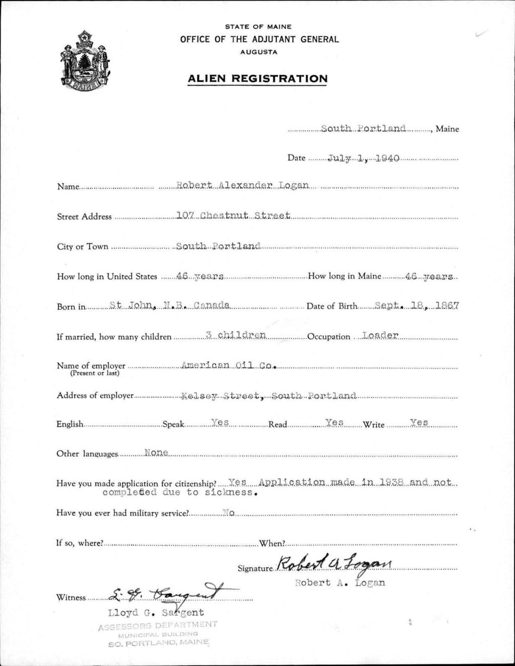 Miniature of Alien Registration- Logan, Robert A. (South Portland, Cumberland County)