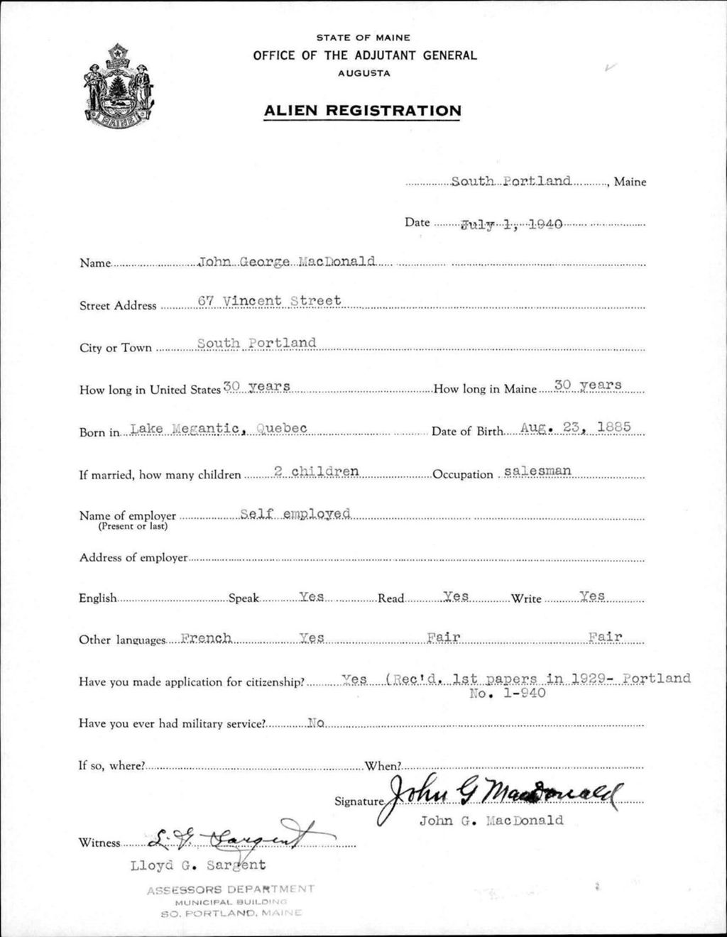 Miniature of Alien Registration- Macdonald, John G. (South Portland, Cumberland County)