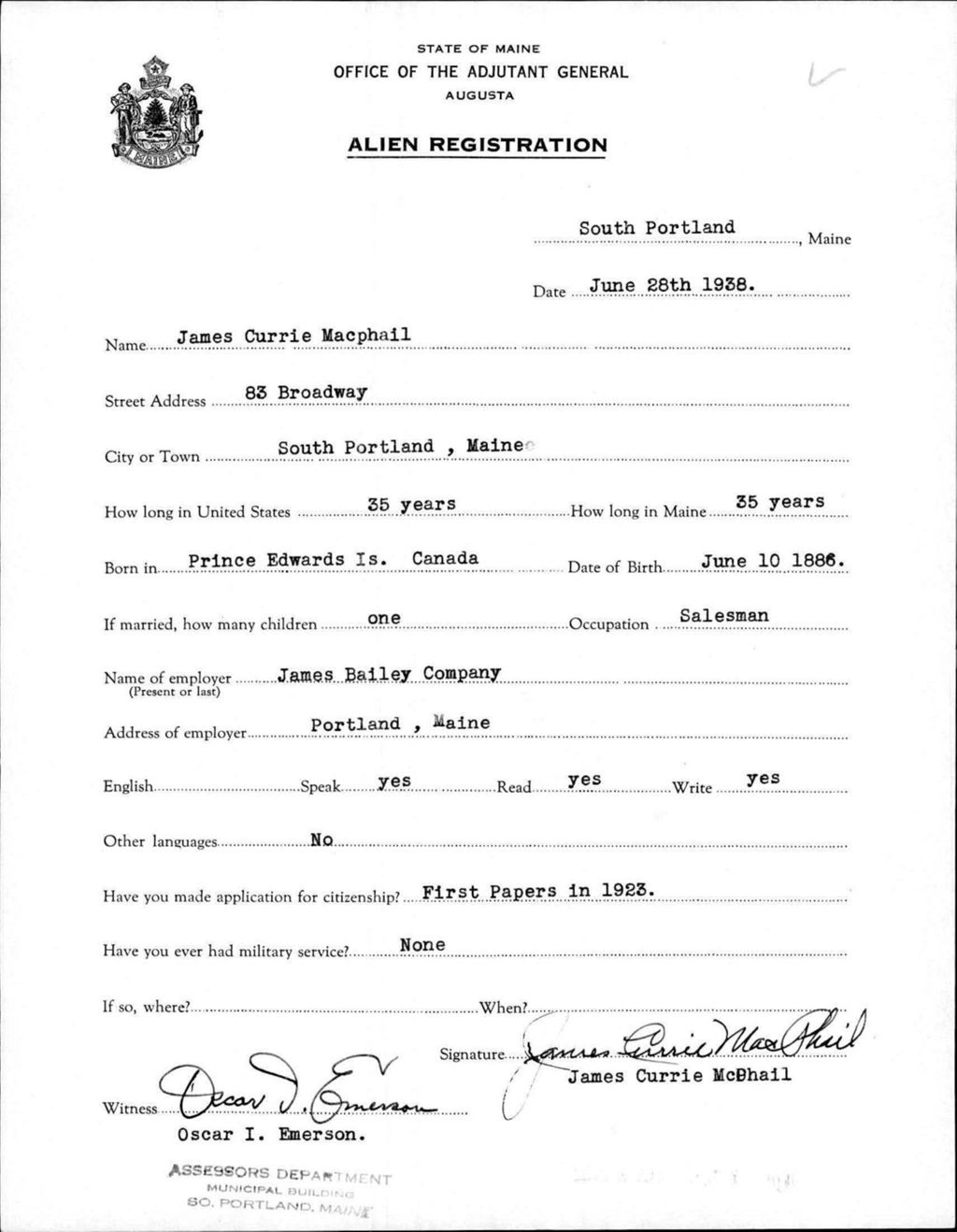 Miniature of Alien Registration- Macphail, James C. (South Portland, Cumberland County)