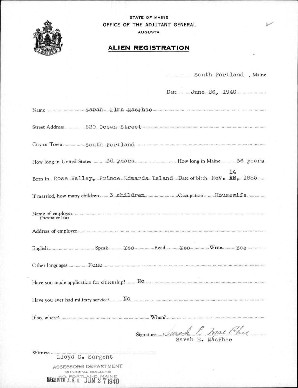 Miniature of Alien Registration- Macphee, Sarah E. (South Portland, Cumberland County)