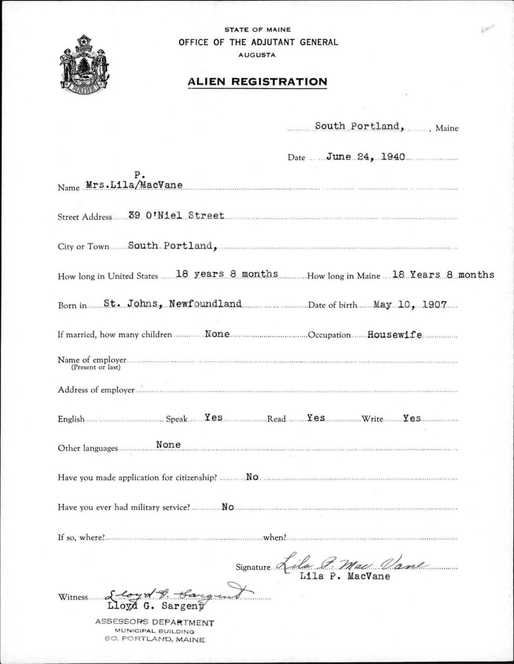 Miniature of Alien Registration- Macvane, Lila P. (South Portland, Cumberland County)