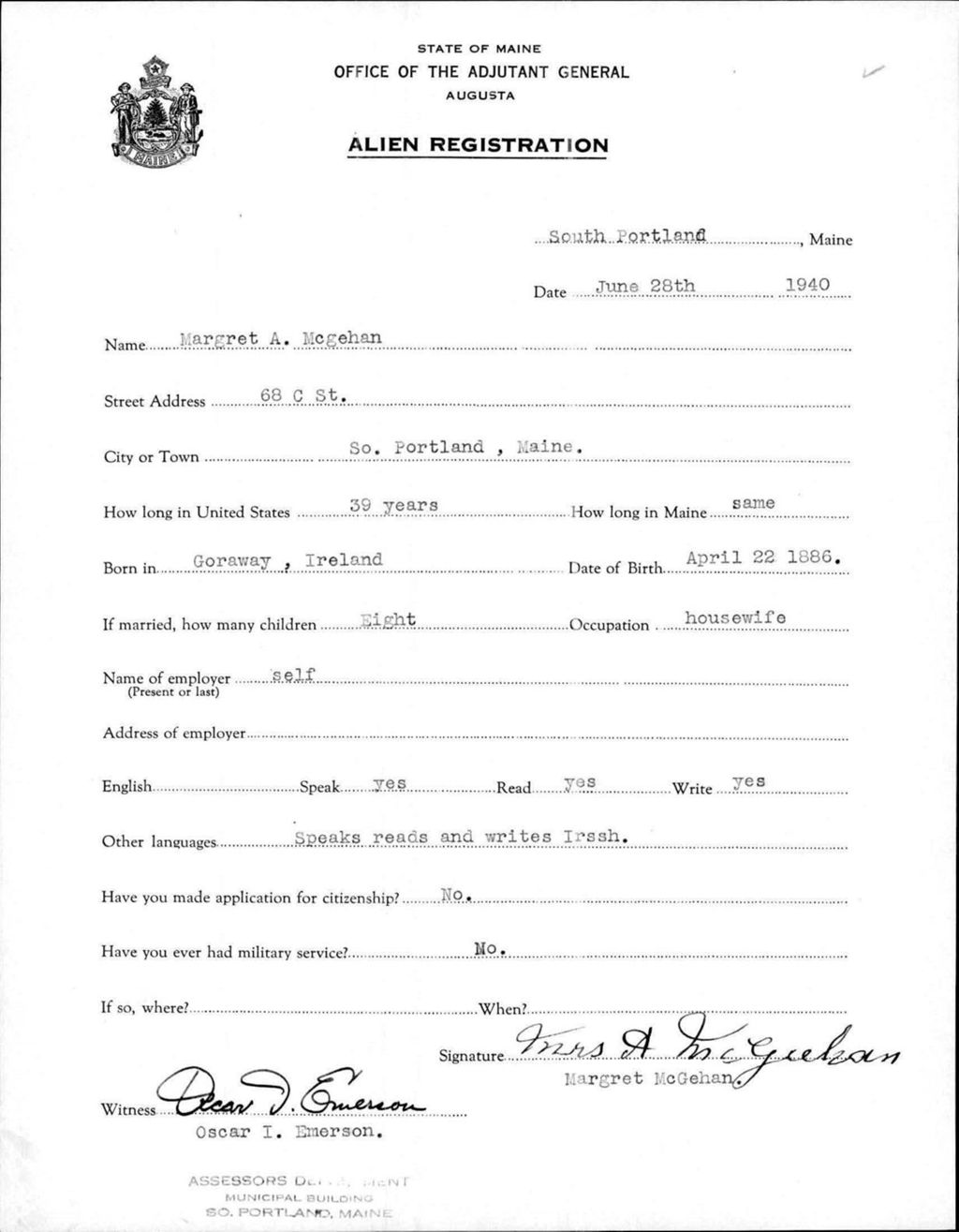 Miniature of Alien Registration- Mcgehan, Margret A. (South Portland, Cumberland County)