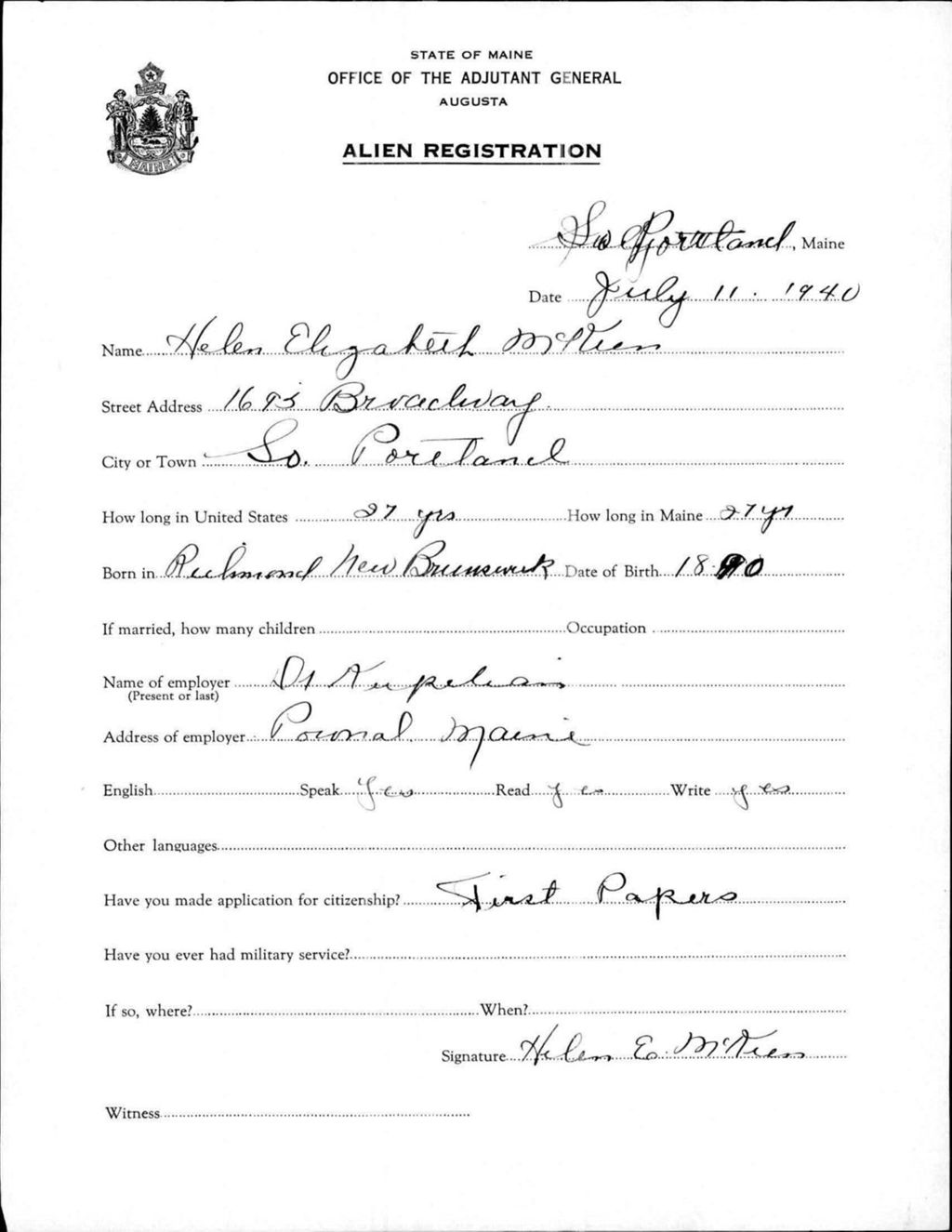 Miniature of Alien Registration- Mckeen, Helen E. (South Portland, Cumberland County)