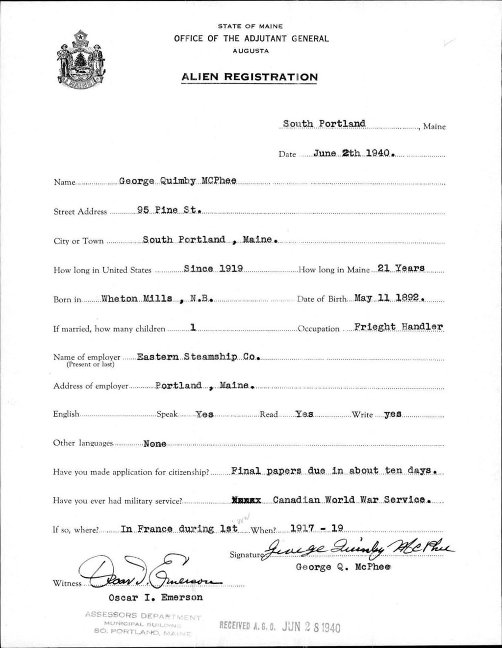 Miniature of Alien Registration- Mcphee, George Q. (South Portland, Cumberland County)