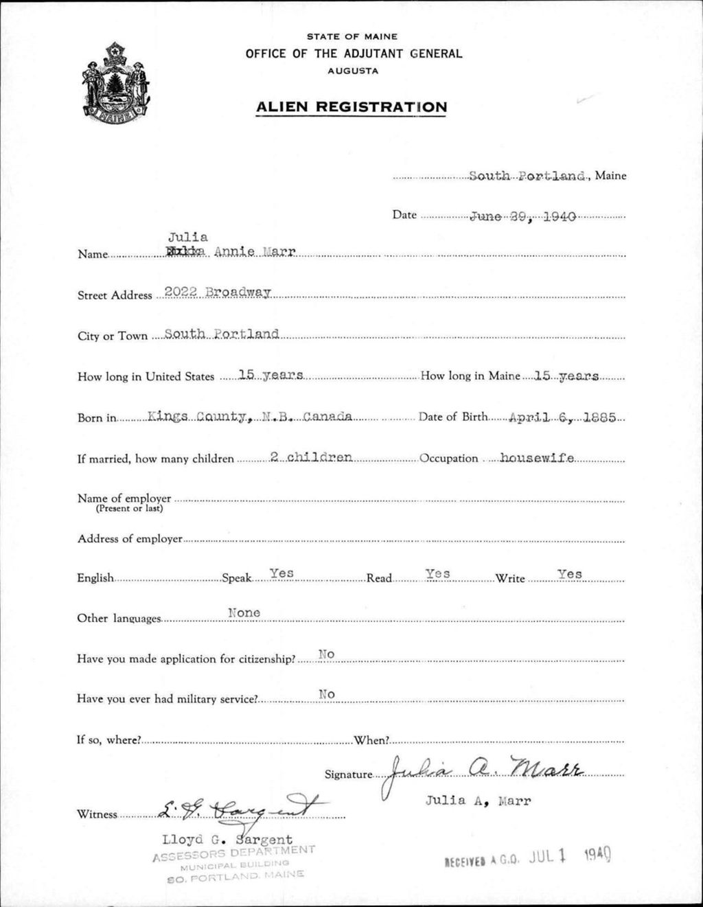 Miniature of Alien Registration- Marr, Julia A. (South Portland, Cumberland County)