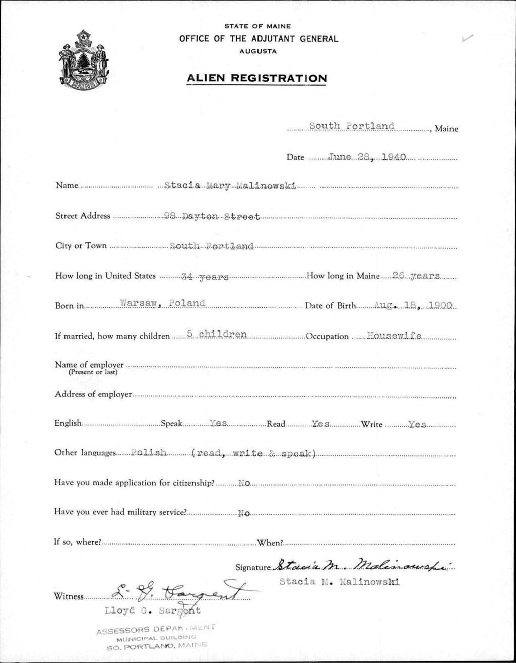 Miniature of Alien Registration- Malinowski, Stacia M. (South Portland, Cumberland County)