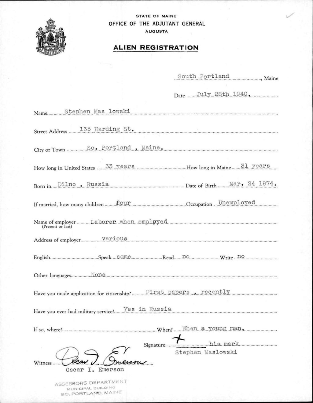 Miniature of Alien Registration- Maslowski, Stephen (South Portland, Cumberland County)