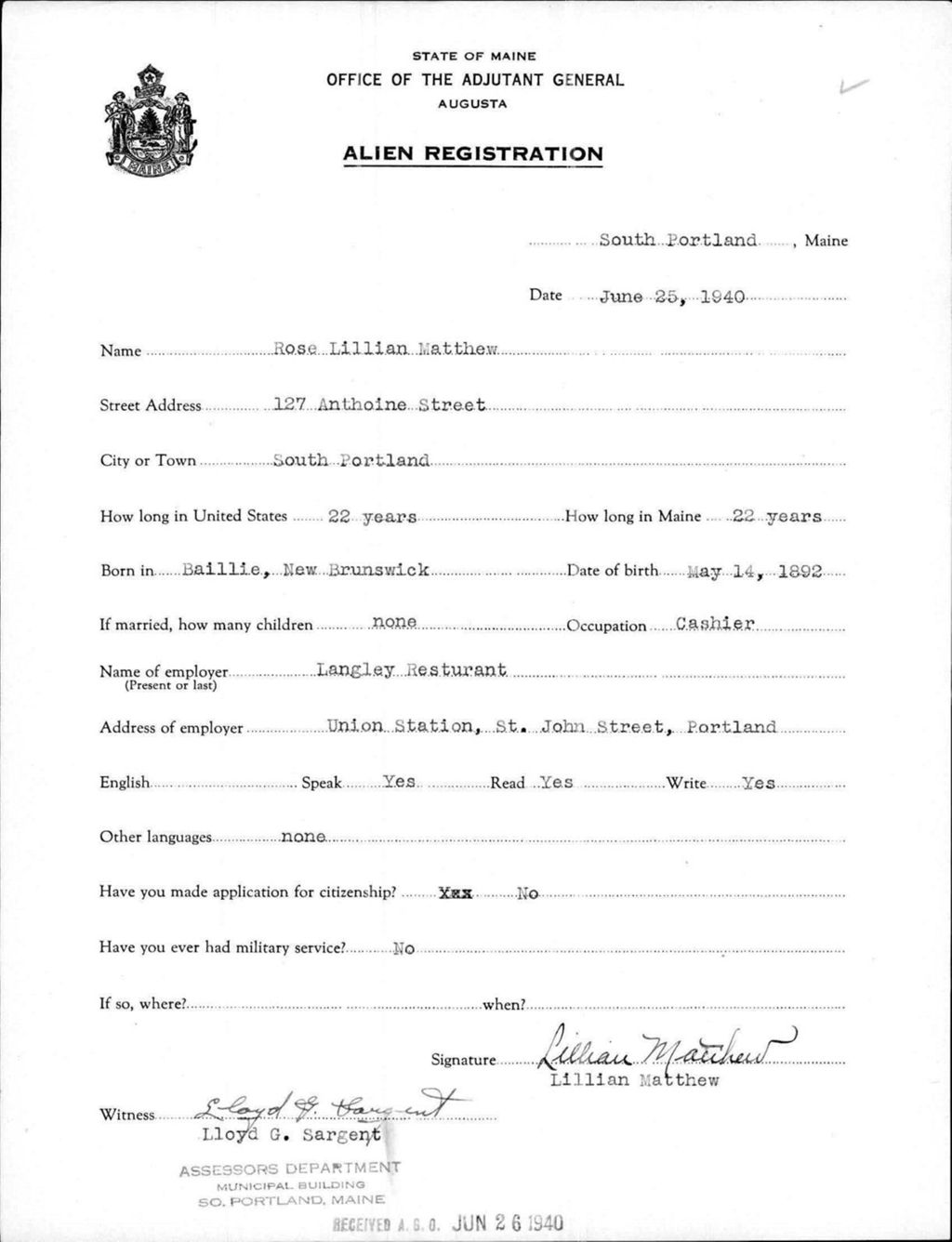 Miniature of Alien Registration- Matthew, Rose L. (South Portland, Cumberland County)