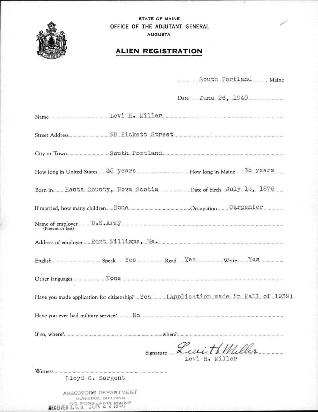 Miniature of Alien Registration- Miller, Levi H. (South Portland, Cumberland County)