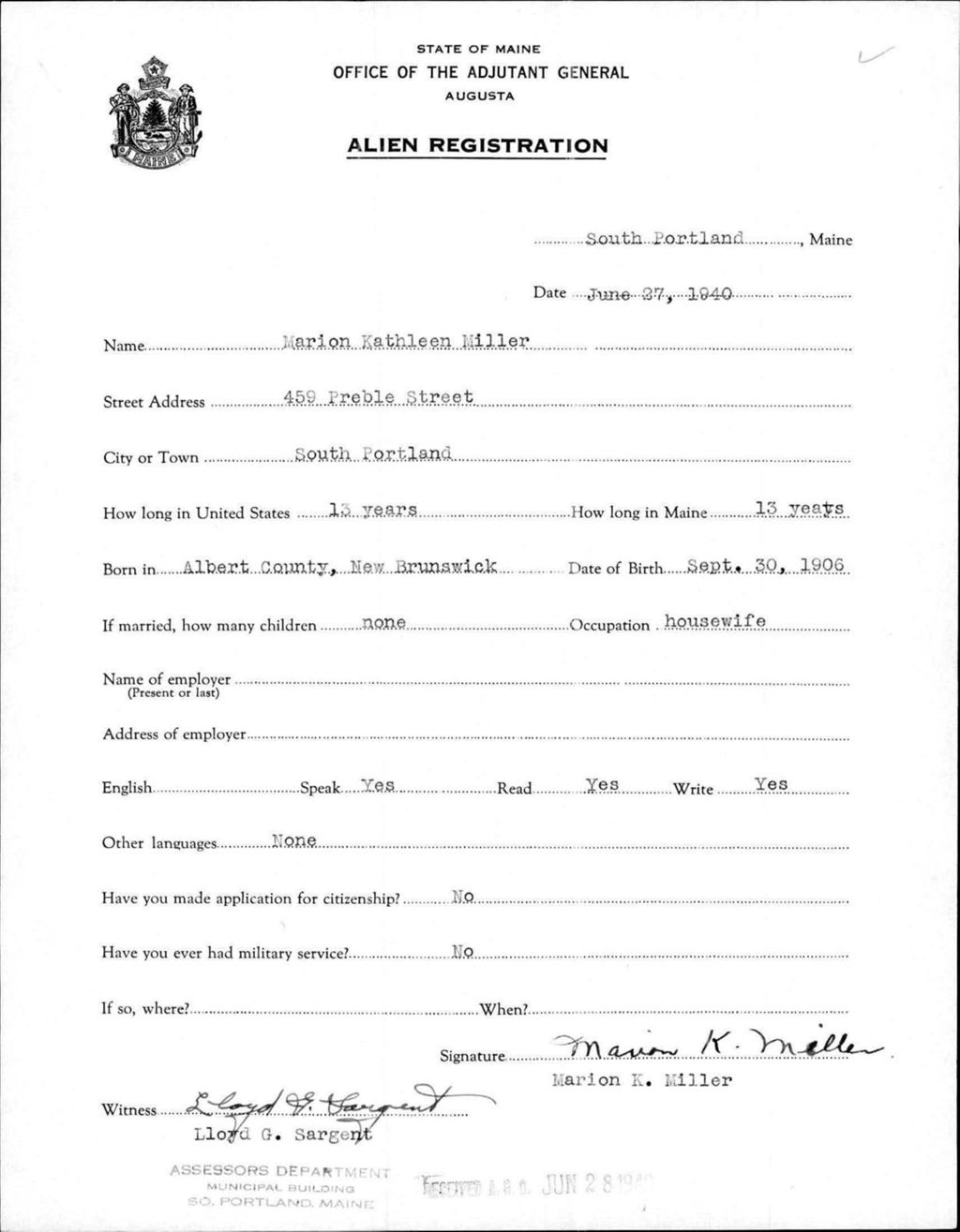 Miniature of Alien Registration- Miller, Marion K. (South Portland, Cumberland County)