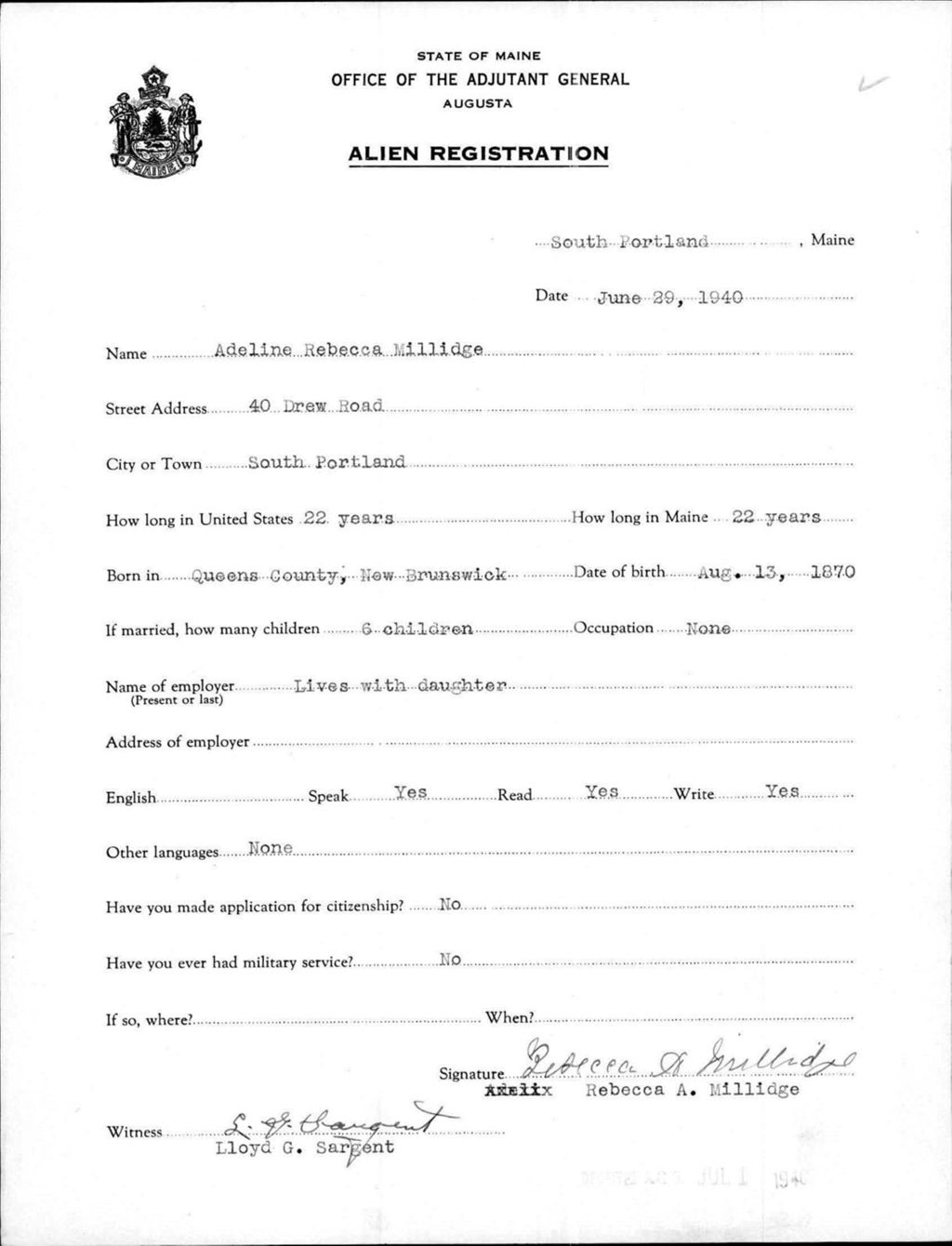 Miniature of Alien Registration- Millidge, Adeline R. (South Portland, Cumberland County)