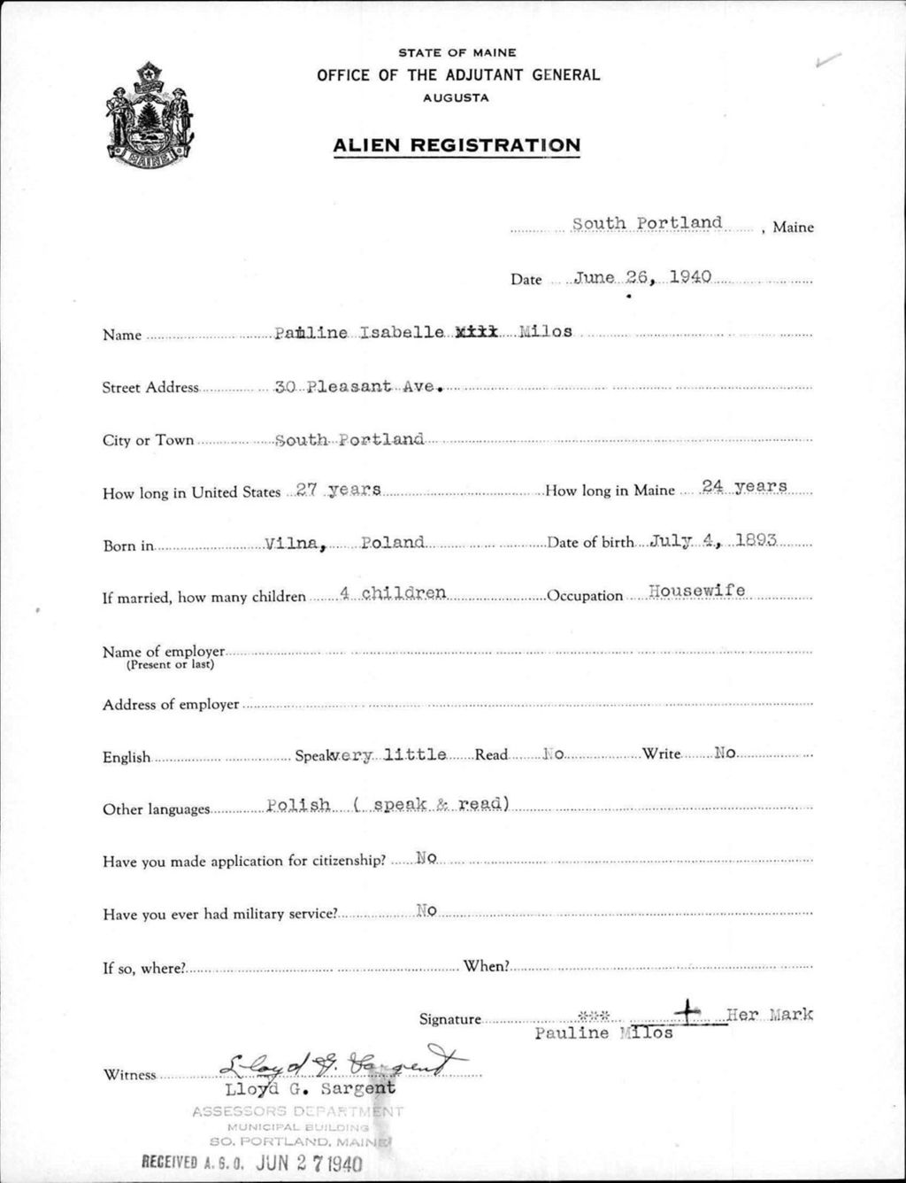 Miniature of Alien Registration- Milos, Pauline I. (South Portland, Cumberland County)
