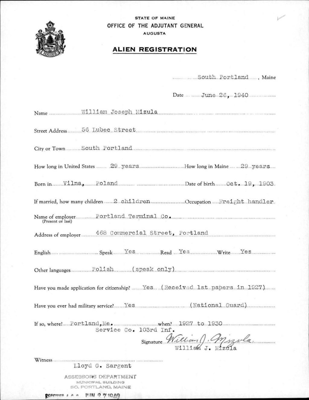 Miniature of Alien Registration- Mizula, William J. (South Portland, Cumberland County)