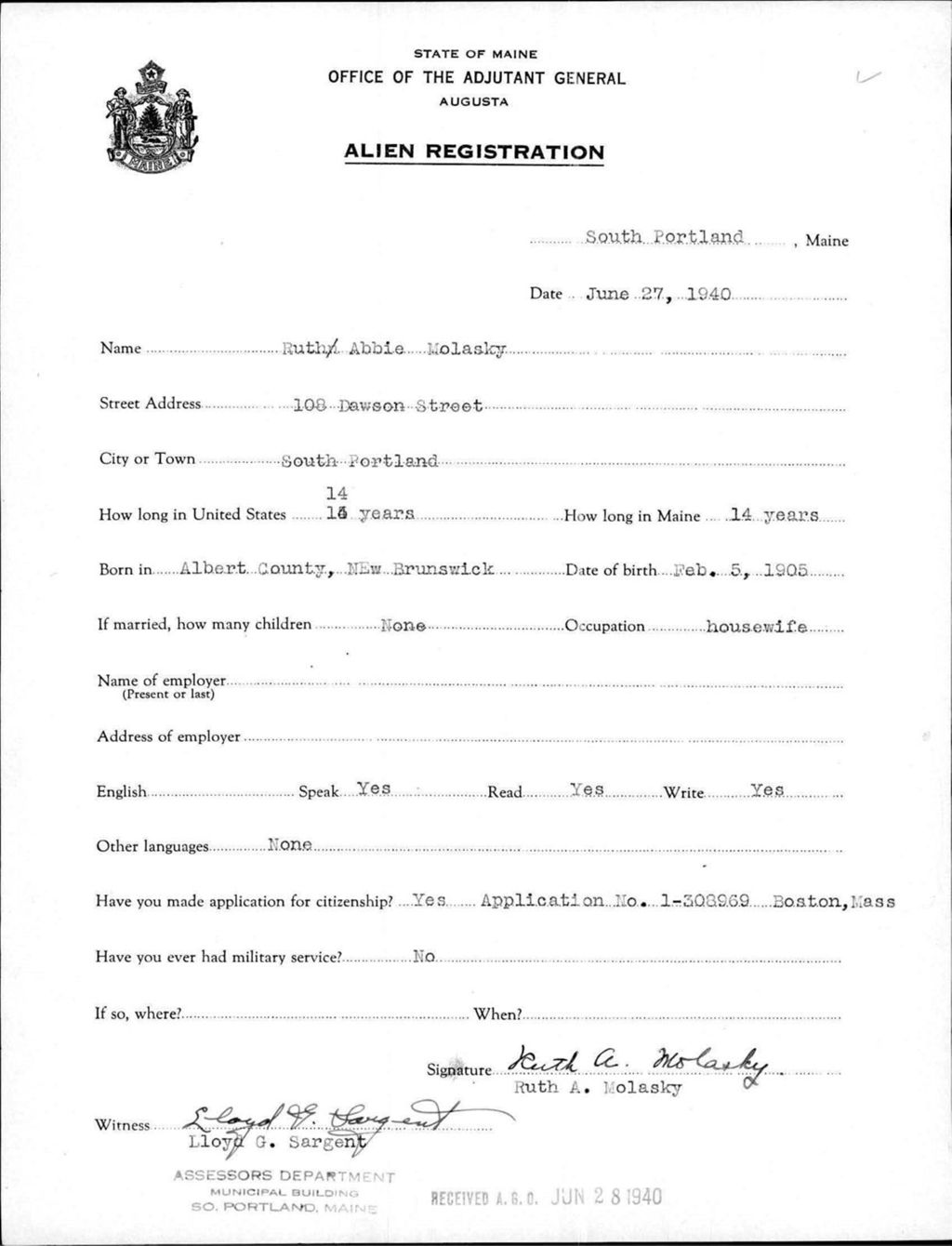 Miniature of Alien Registration- Molasky, Ruth A. (South Portland, Cumberland County)
