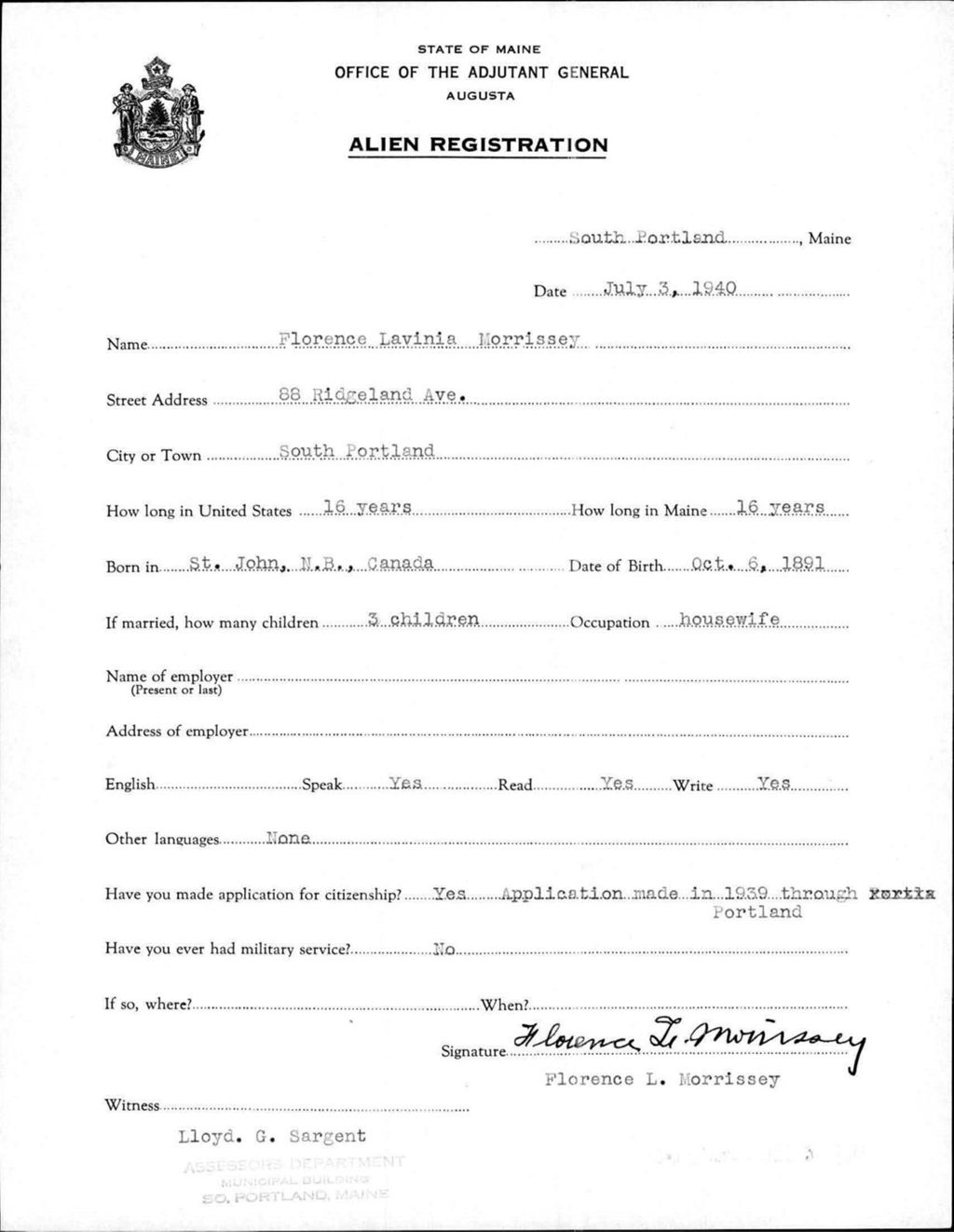 Miniature of Alien Registration- Morrissey, Florence L. (South Portland, Cumberland County)
