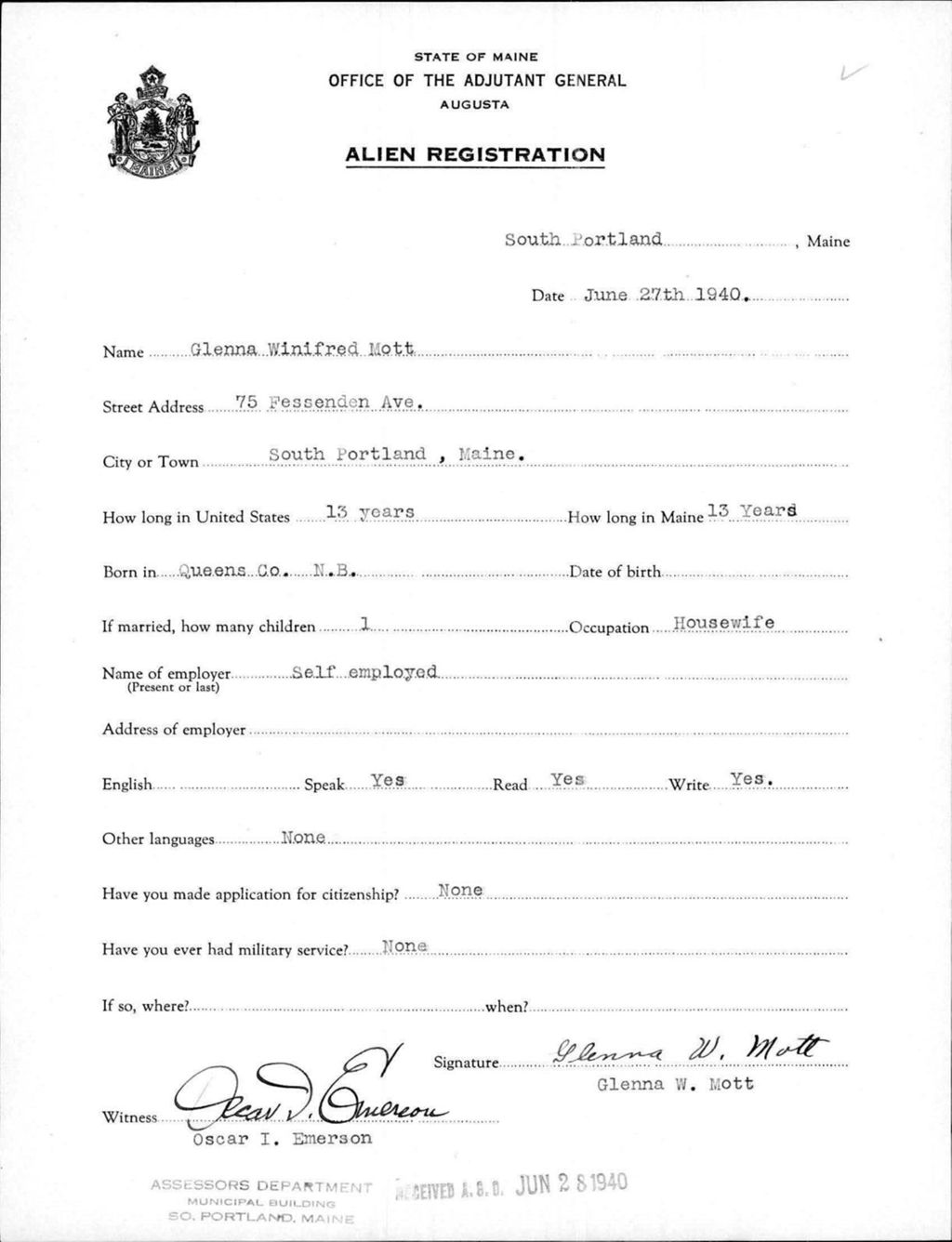 Miniature of Alien Registration- Mott, Glenna W. (South Portland, Cumberland County)