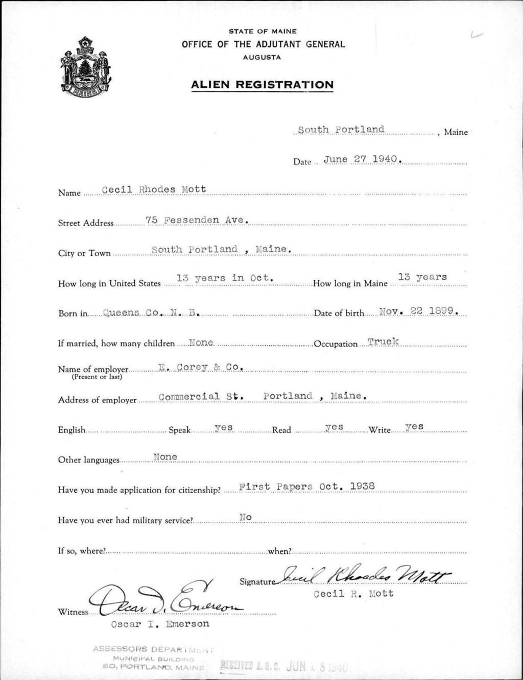 Miniature of Alien Registration- Mott, Cecil R. (South Portland, Cumberland County)