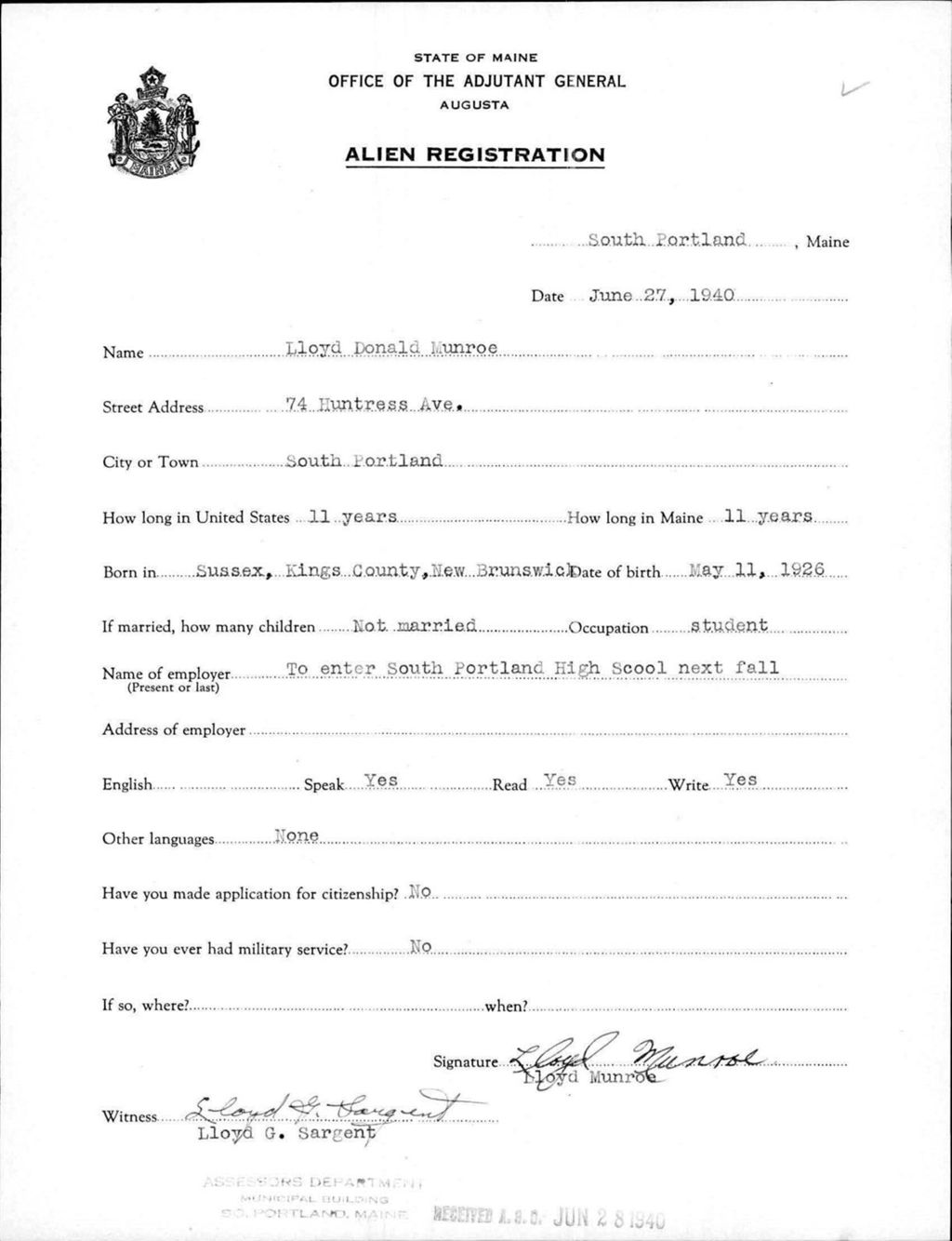 Miniature of Alien Registration- Munroe, Lloyd D. (South Portland, Cumberland County)