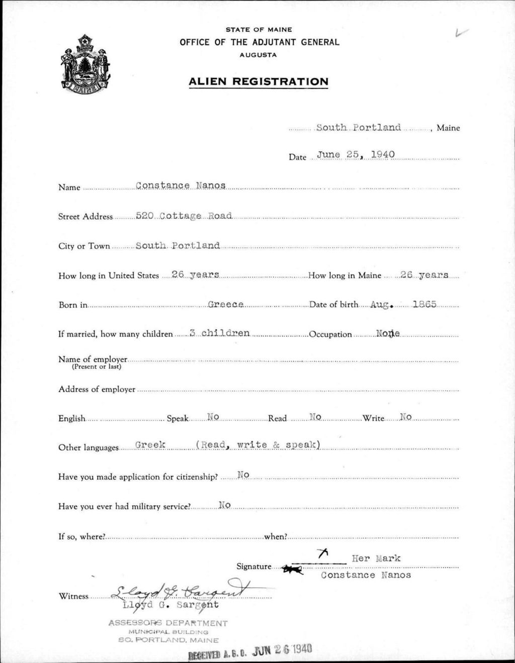 Miniature of Alien Registration- Nanos, Constance (South Portland, Cumberland County)
