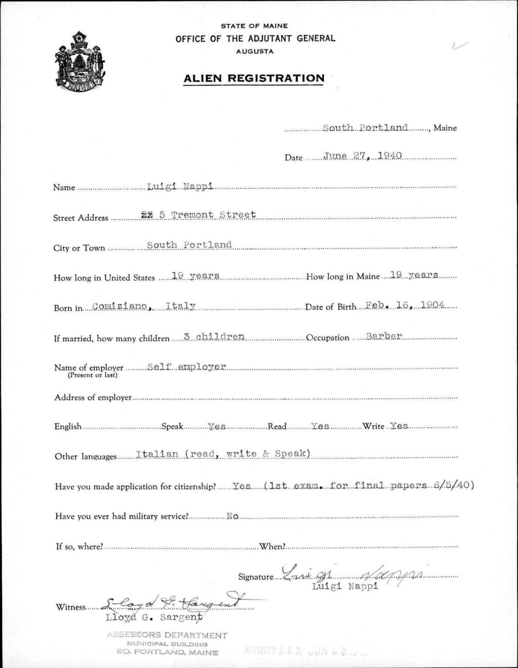Miniature of Alien Registration- Nappi, Luigi (South Portland, Cumberland County)