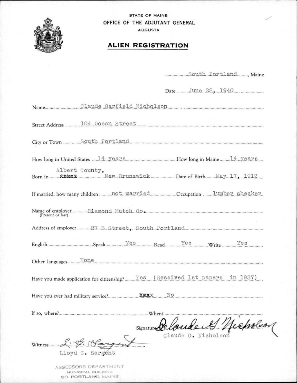 Miniature of Alien Registration- Nicholson, Claude G. (South Portland, Cumberland County)