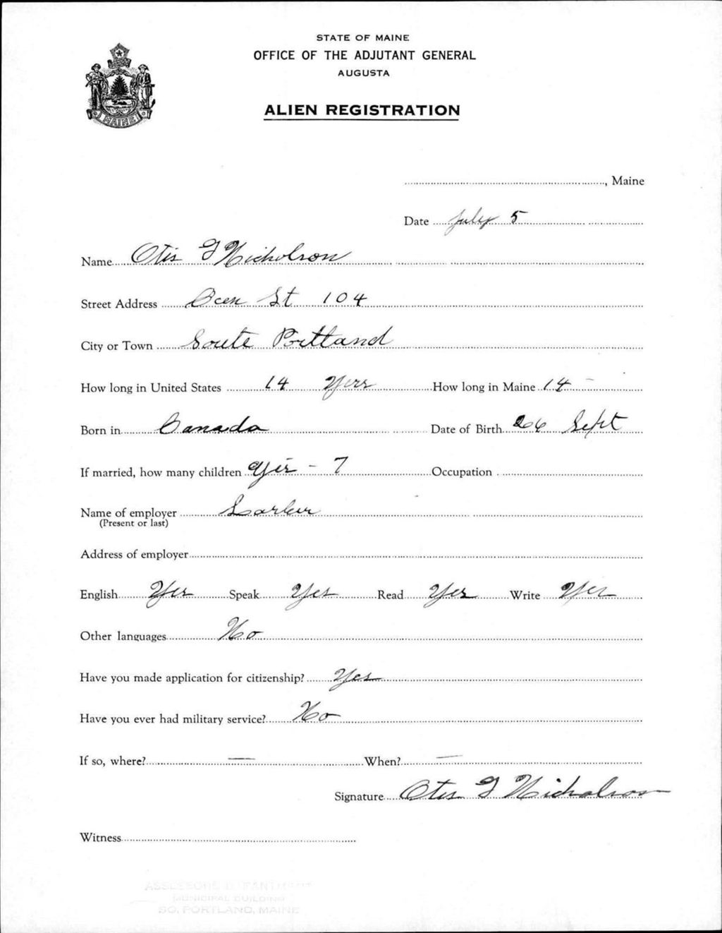Miniature of Alien Registration- Nicholson, Otis G. (South Portland, Cumberland County)