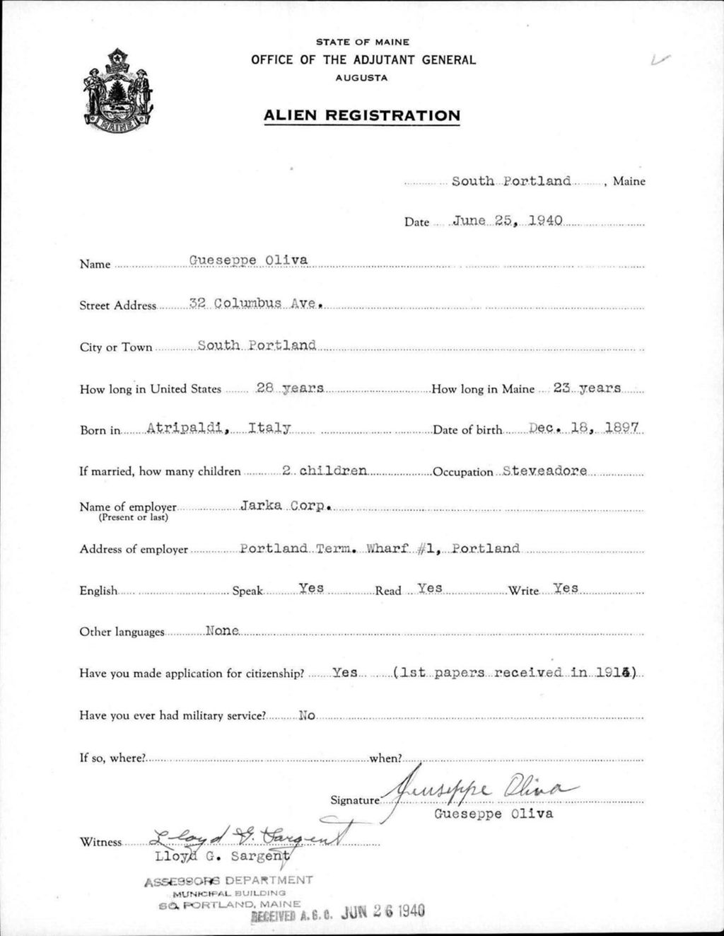 Miniature of Alien Registration- Oliva, Gueseppe (South Portland, Cumberland County)