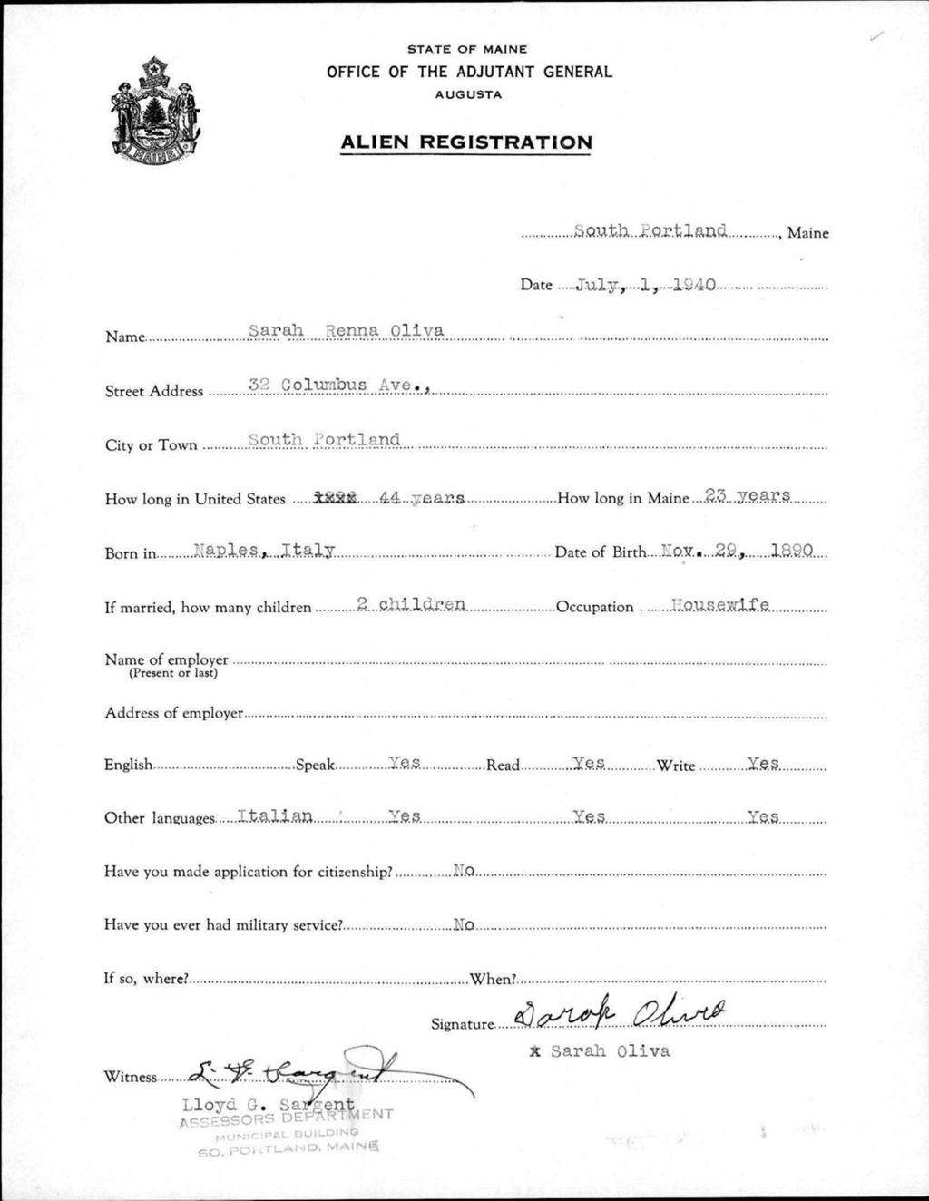 Miniature of Alien Registration- Renna, Sarah (South Portland, Cumberland County)