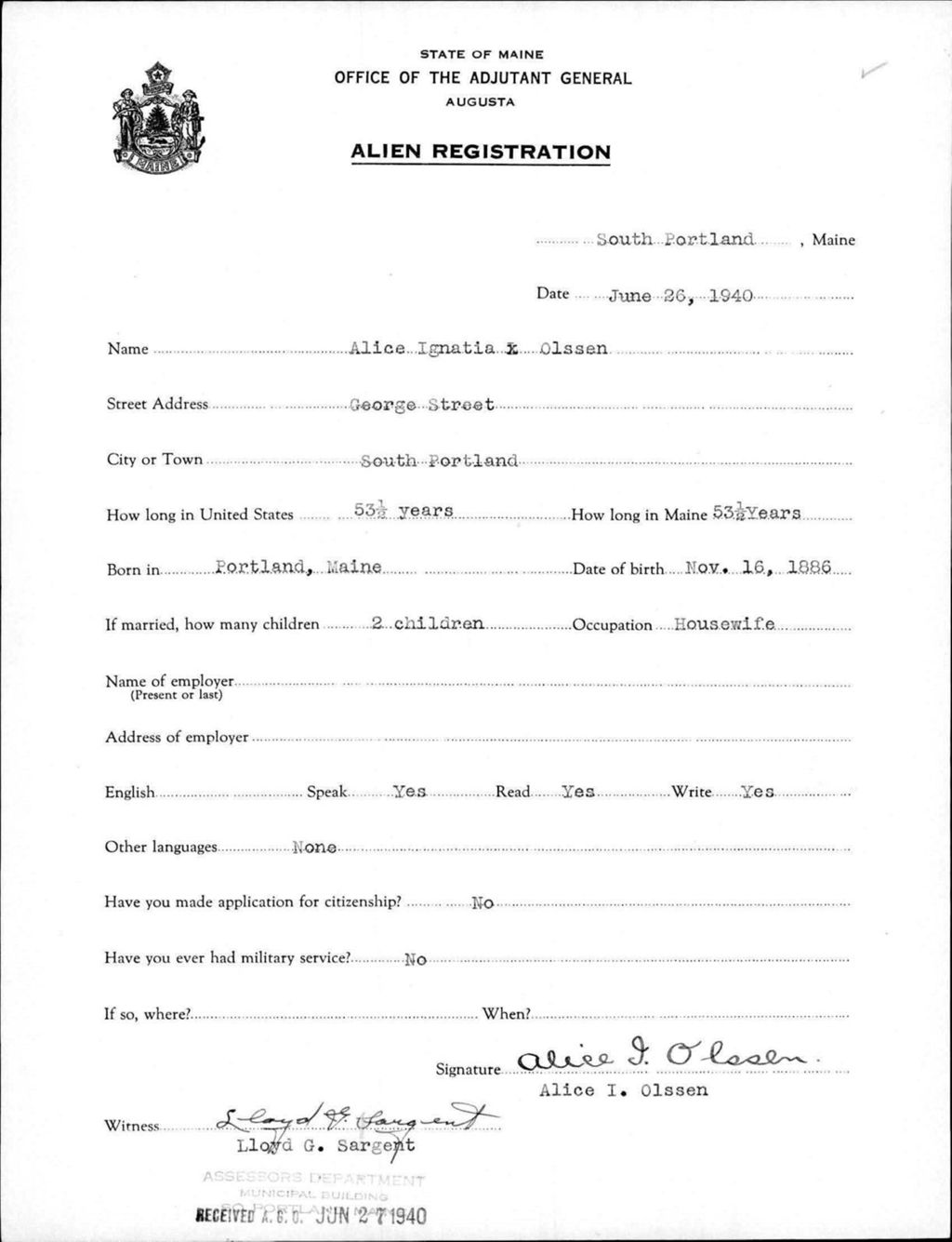 Miniature of Alien Registration- Ignatia, Alice (South Portland, Cumberland County)
