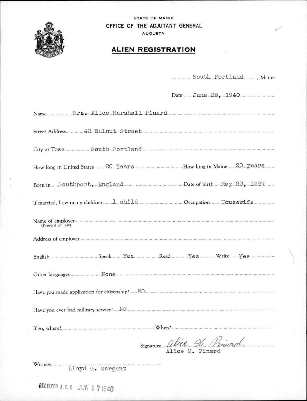 Miniature of Alien Registration- Marshall, Alice (South Portland, Cumberland County)