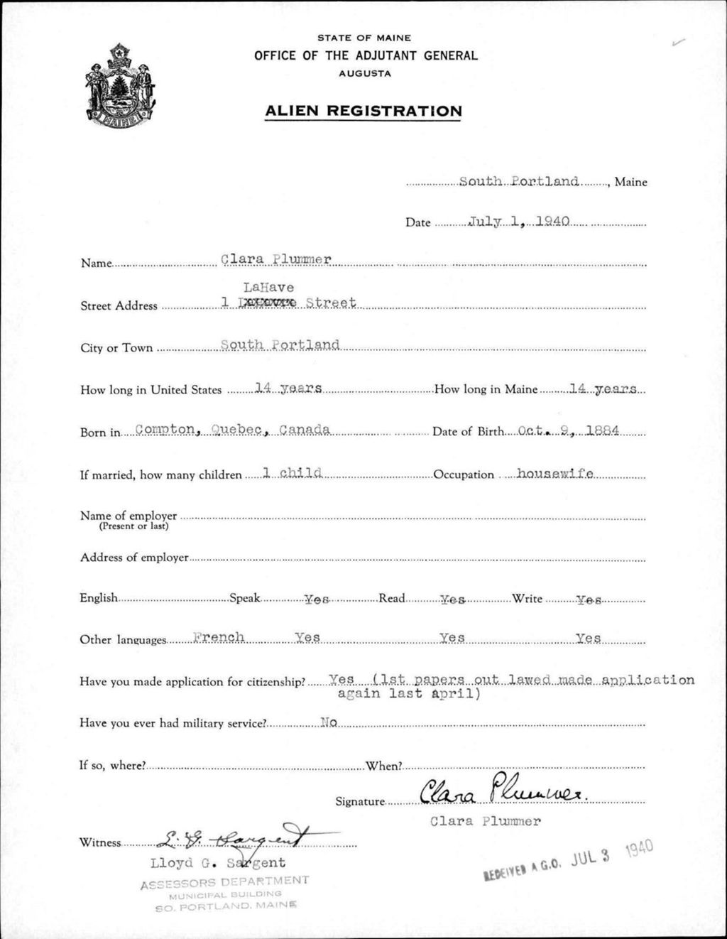 Miniature of Alien Registration- Plummer, Clara (South Portland, Cumberland County)