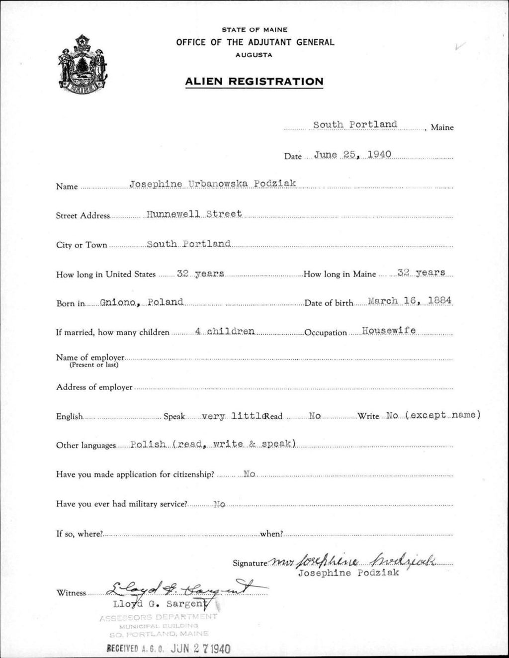 Miniature of Alien Registration- Urbanowska, Josephine (South Portland, Cumberland County)