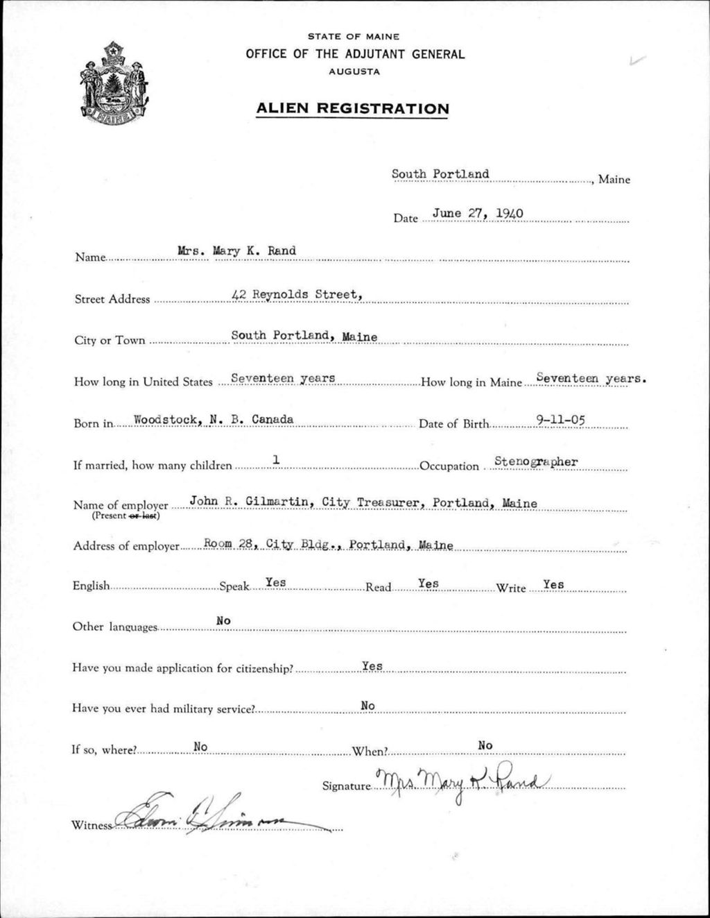 Miniature of Alien Registration- Rand, Mary K. (South Portland, Cumberland County)
