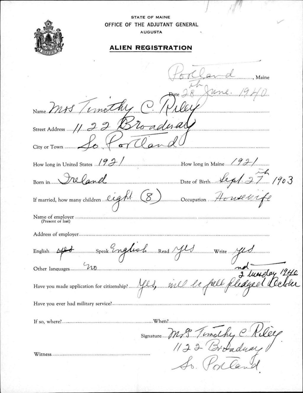 Miniature of Alien Registration- Riley, Timothy C. (South Portland, Cumberland County)