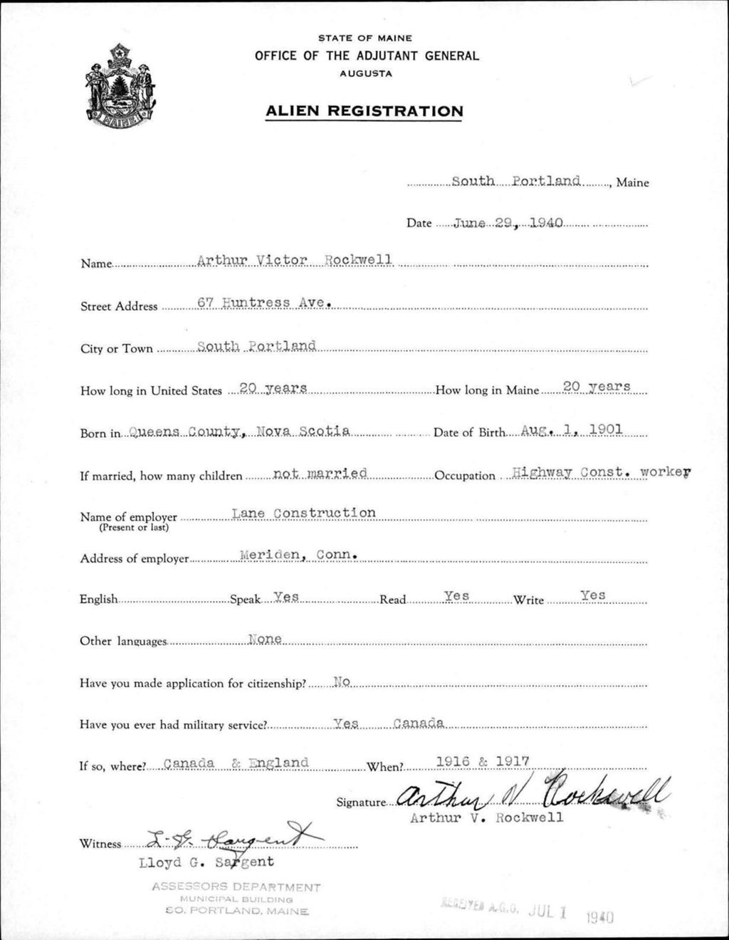 Miniature of Alien Registration- Rockwell, Arthur V. (South Portland, Cumberland County)