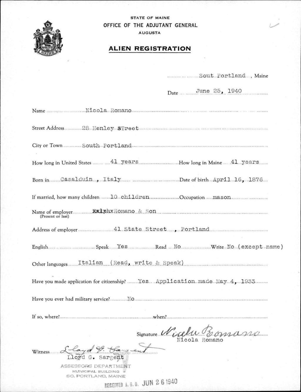 Miniature of Alien Registration- Romano, Nicola (South Portland, Cumberland County)