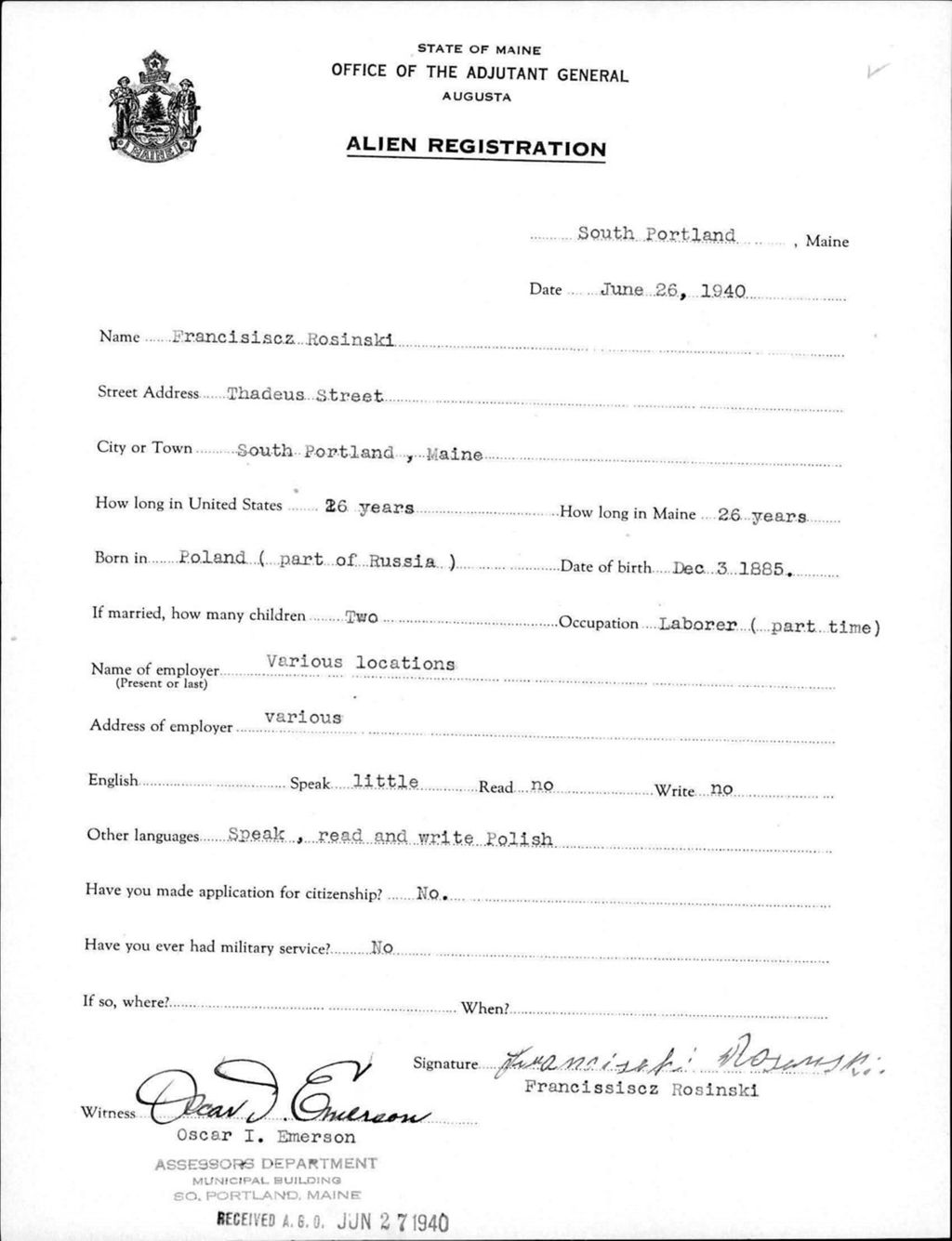 Miniature of Alien Registration- Rosinski, Francisiscz (South Portland, Cumberland County)