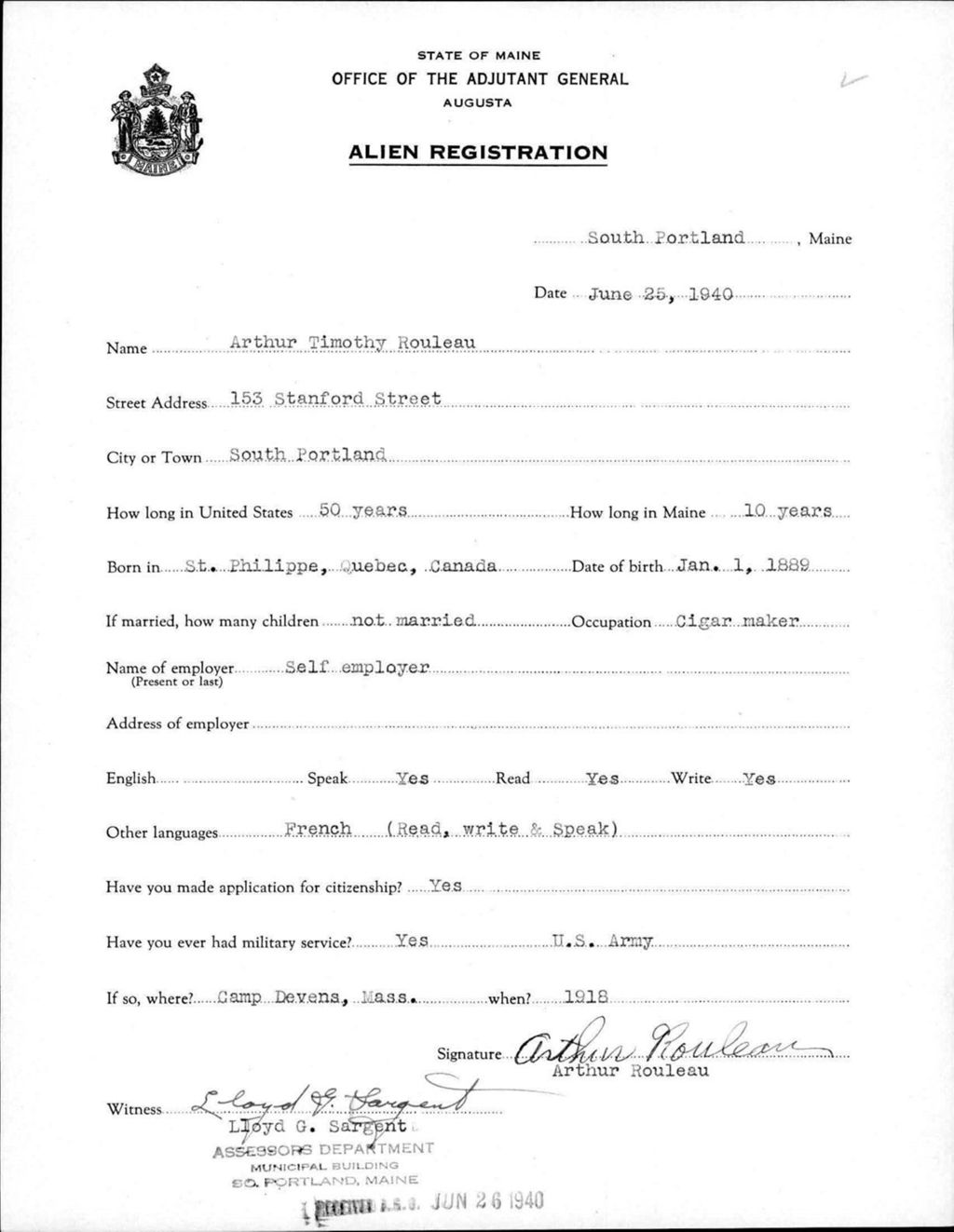 Miniature of Alien Registration- Rouleau, Arthur T. (South Portland, Cumberland County)