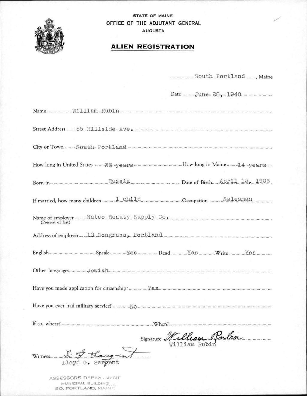 Miniature of Alien Registration- Rubin, William (South Portland, Cumberland County)