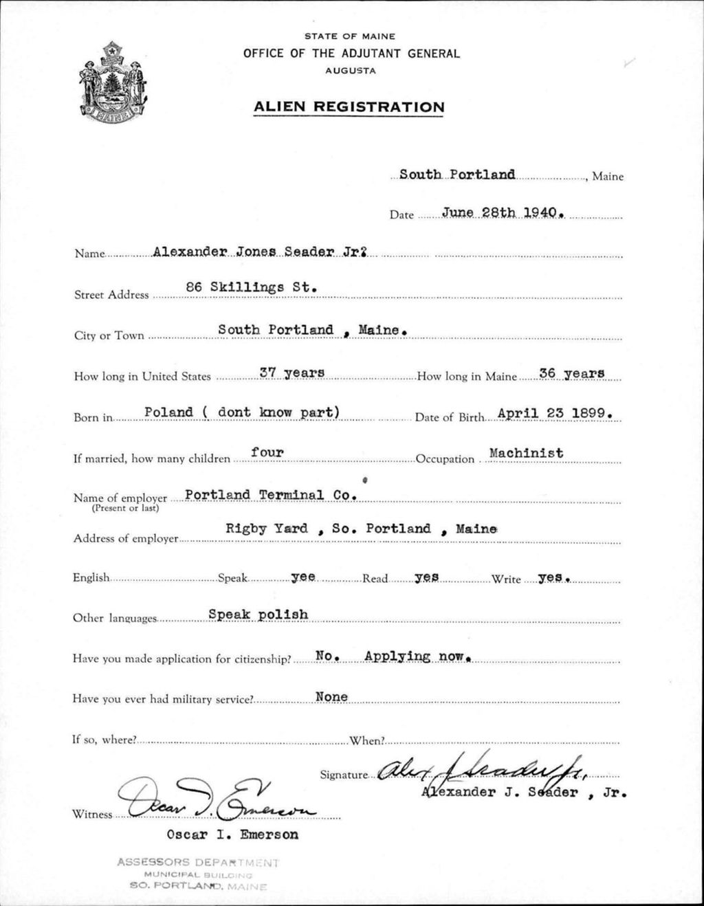Miniature of Alien Registration- Seader, Alexander J.,Jr. (South Portland, Cumberland County)