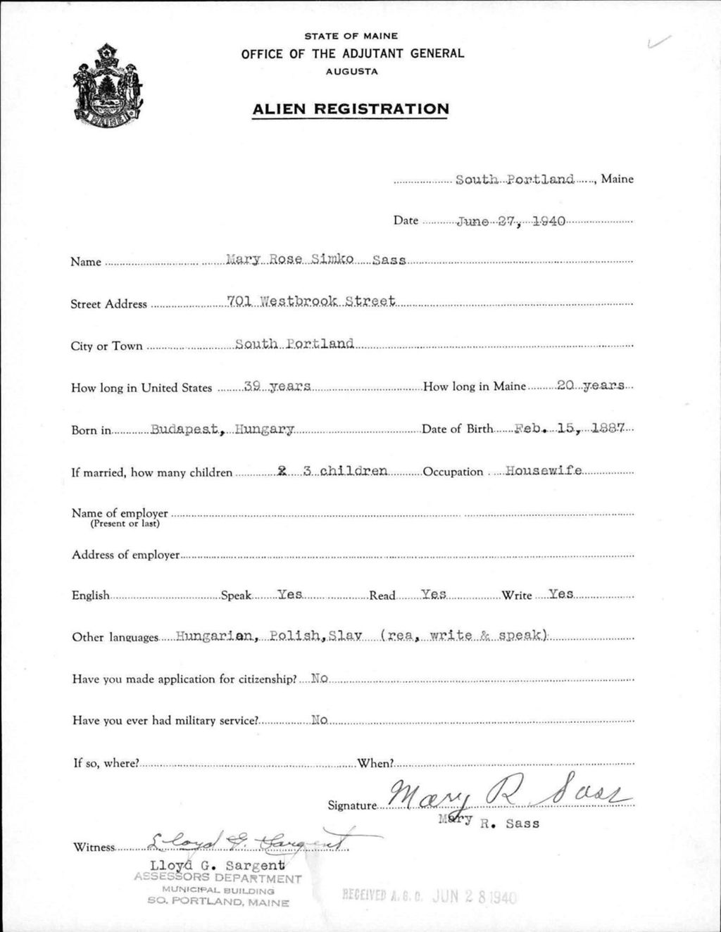 Miniature of Alien Registration- Simko, Mary R. (South Portland, Cumberland County)