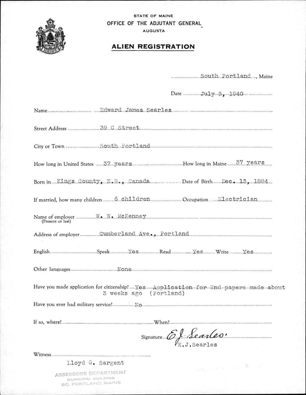 Miniature of Alien Registration- Searles, Edward J. (South Portland, Cumberland County)