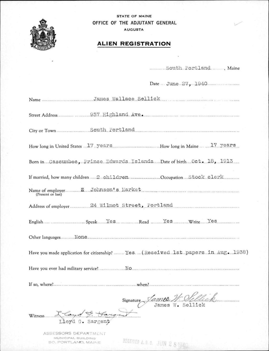 Miniature of Alien Registration- Sellick, James W. (South Portland, Cumberland County)
