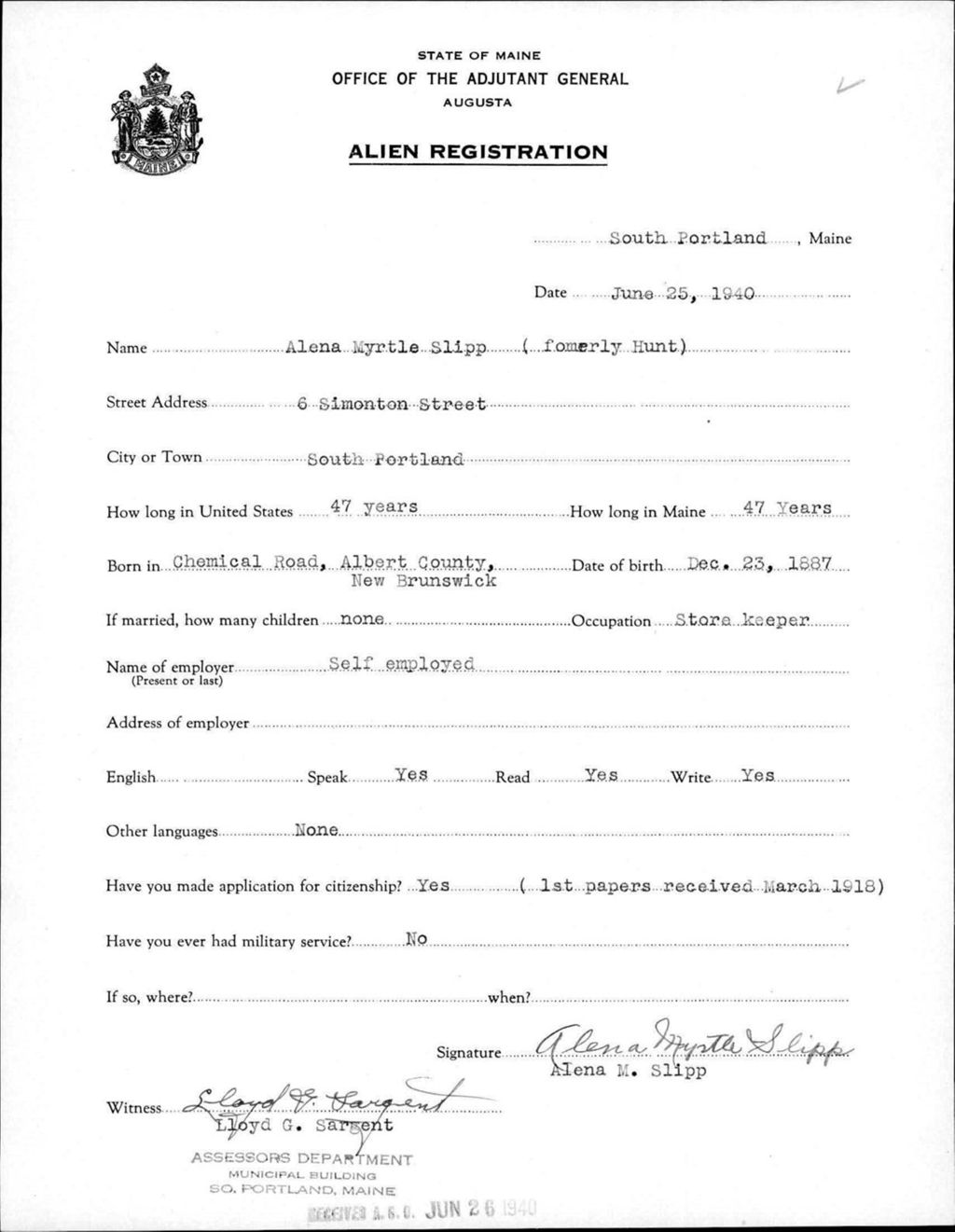 Miniature of Alien Registration- Hunt, Alena M. (South Portland, Cumberland County)
