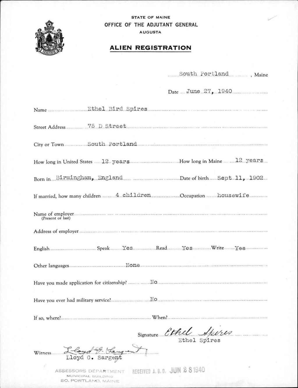 Miniature of Alien Registration- Bird, Ethel (South Portland, Cumberland County)