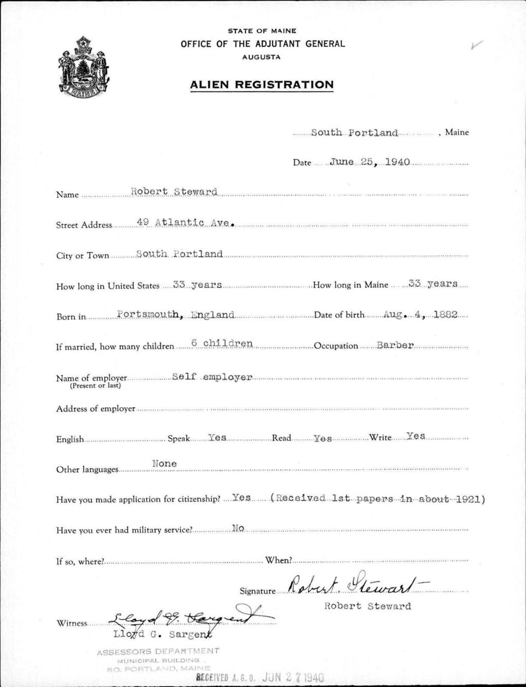 Miniature of Alien Registration- Steward, Robert (South Portland, Cumberland County)