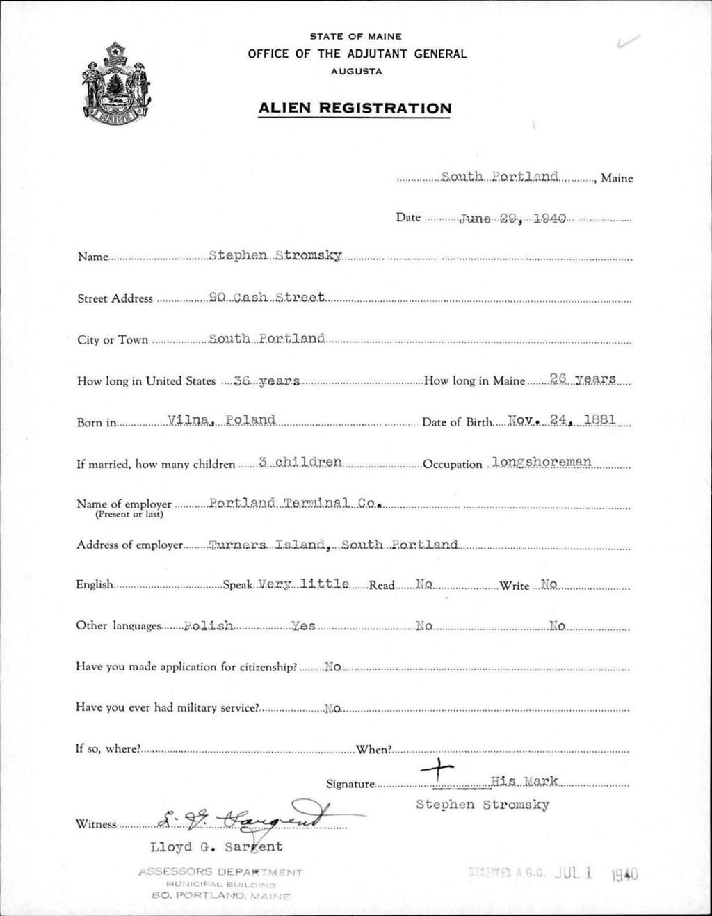 Miniature of Alien Registration- Stromsky, Stephen (South Portland, Cumberland County)