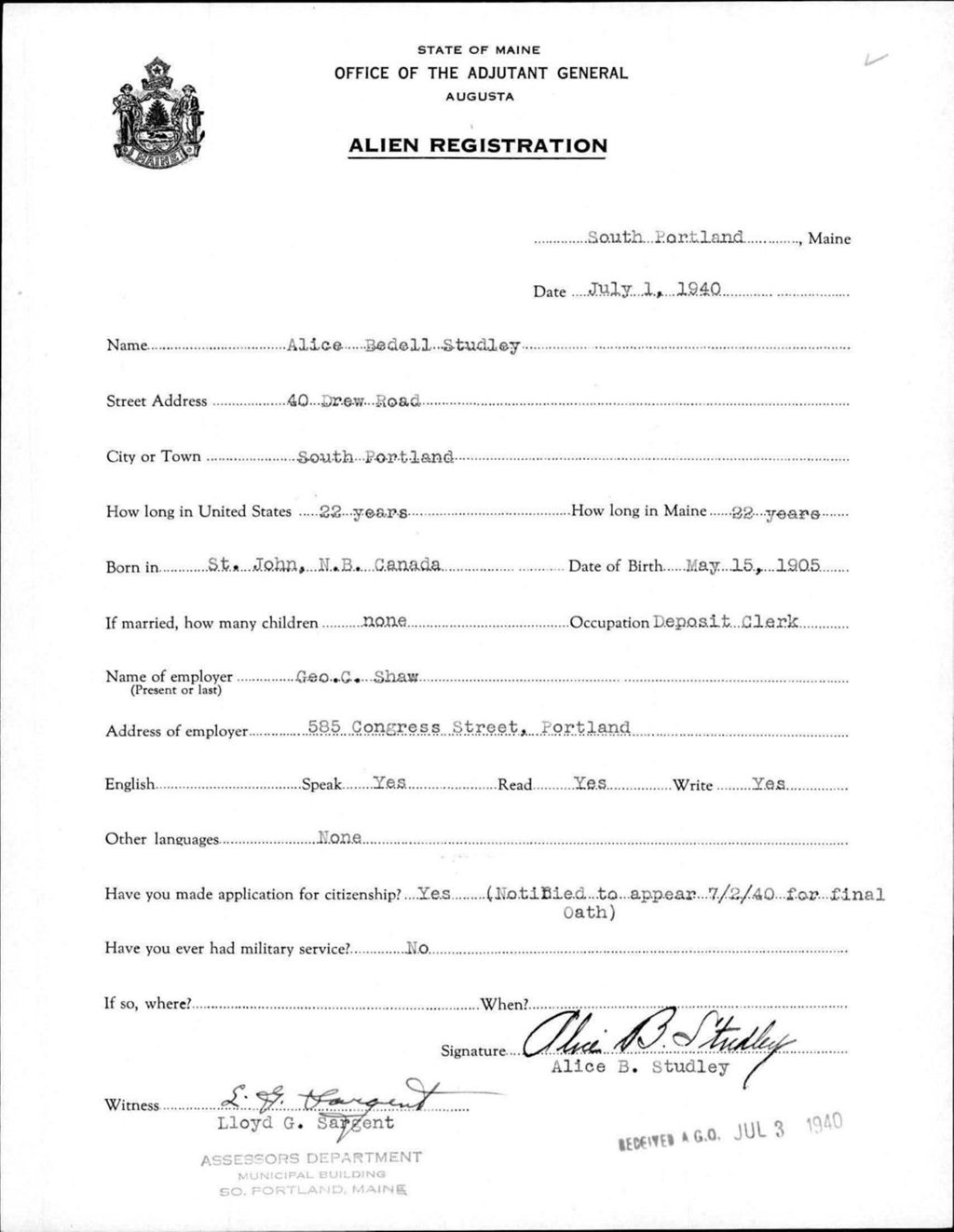 Miniature of Alien Registration- Bedell, Alice (South Portland, Cumberland County)