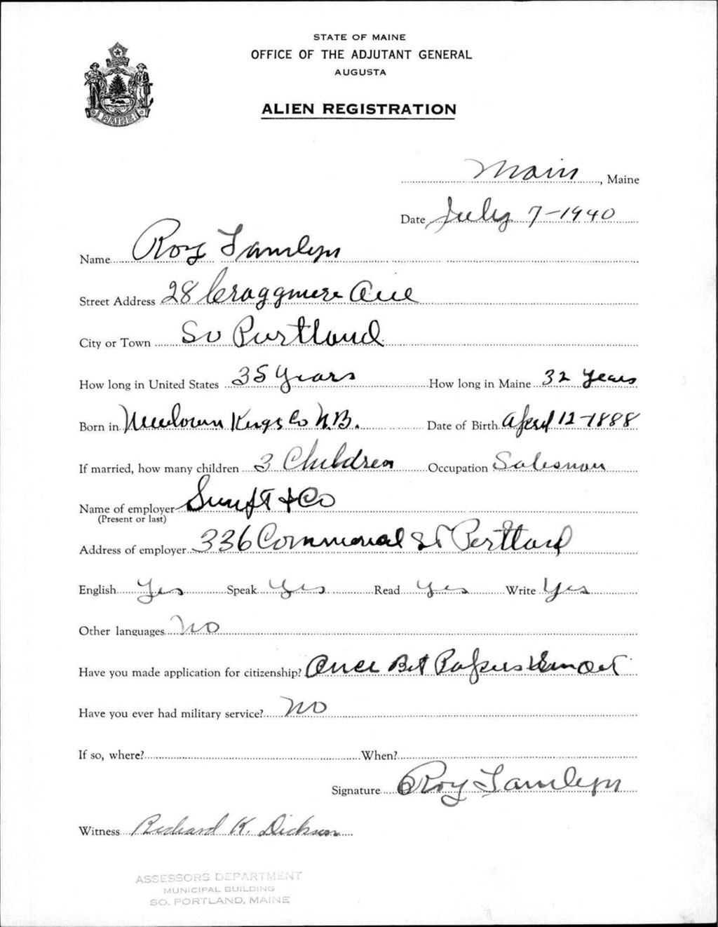 Miniature of Alien Registration- Tamlyn, Roy (South Portland, Cumberland County)