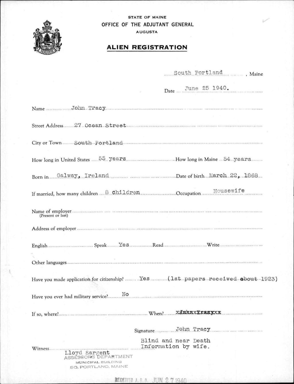 Miniature of Alien Registration- Tracy, John (South Portland, Cumberland County)